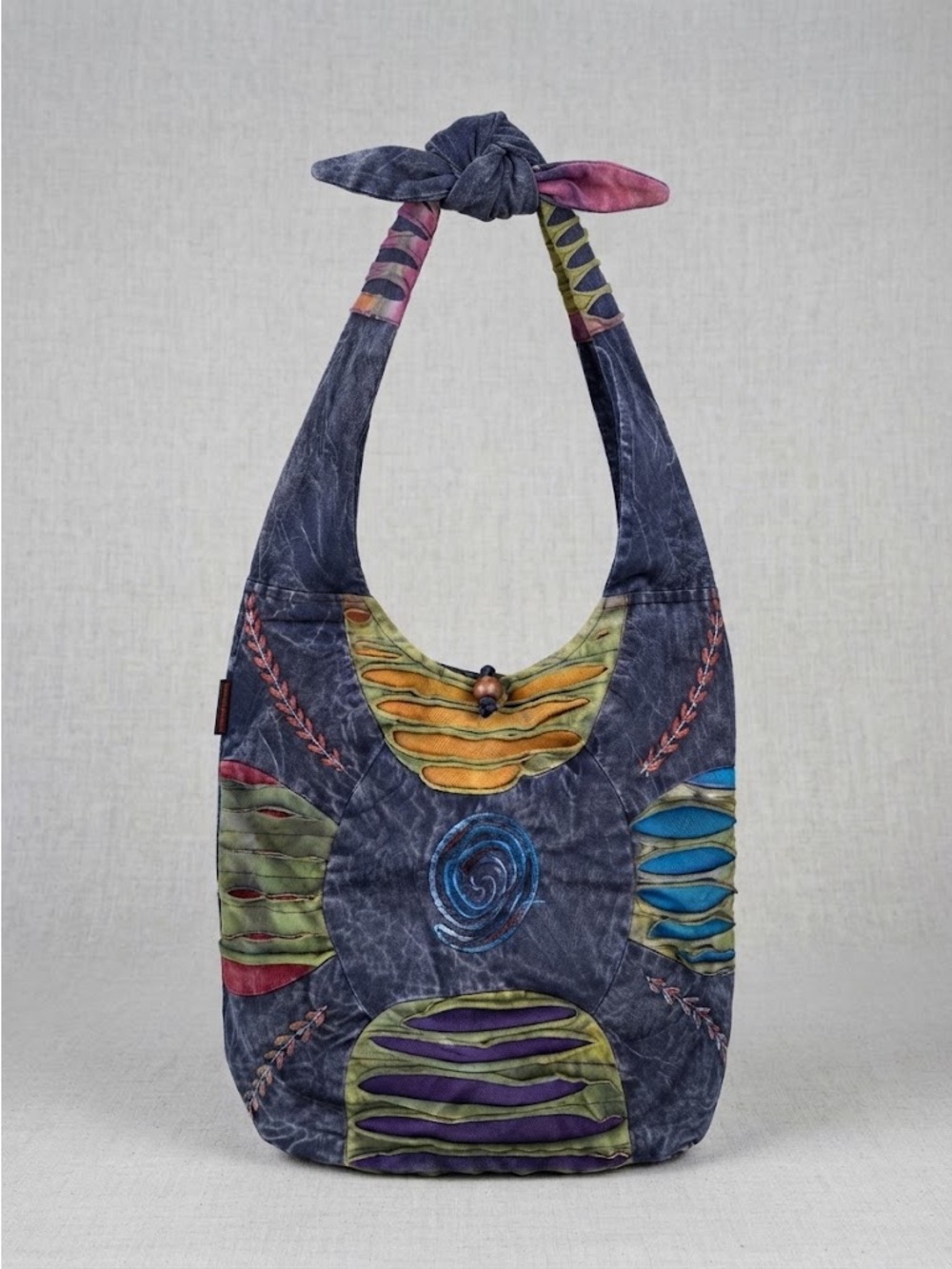 Navy Boho Patchwork Crossbody Bag with Knotted Convertible Shoulder Strap
